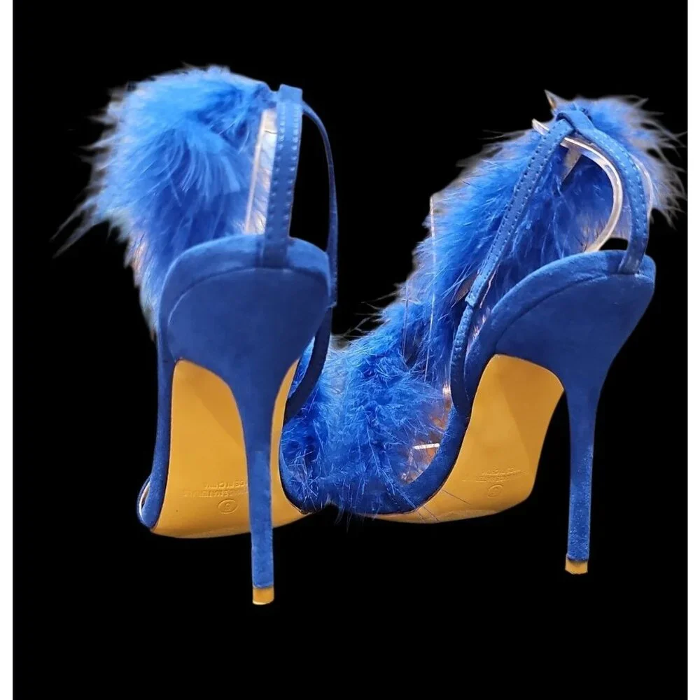 Blue Feather High Heel Slingback Open Toe Sandals